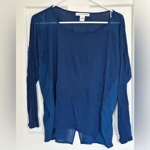 EUC Blue August Silk Long Sleeve Top with Split Back and Sheer Panels - size XL